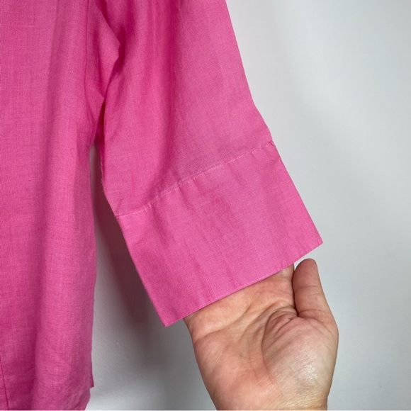 Fred David Petite Pink Linen Button Front 3/4 Sleeve Floral Embroidered Blouse - Picture 7 of 16